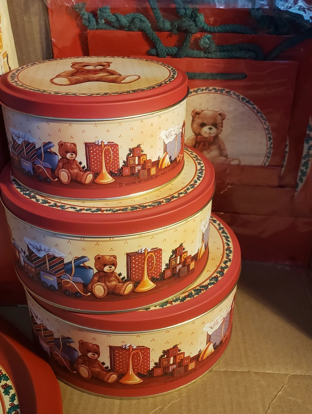 Toy Box Teddy Set Vintage 1989 New Gift Bags Tin Plush Bear Tray House of Lloyd